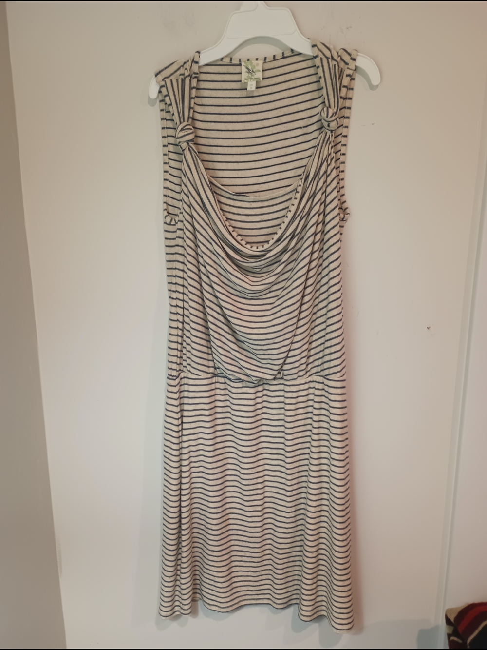 ​Amour Vert Striped Cowl Neck Dress Medium M Cream Blue Knit Nautical Rayon